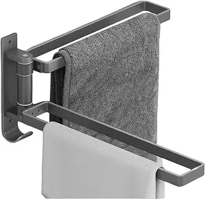 2-3 Arms Swivel Towel Rack Bath Wall Mounted Towel Holder with Hook Double Hanging Towel Bar for Bathroom Kitchen (Gray, 2-arm)