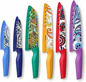 Astercook Paisley Pattern Knife Set with Cover, Dishwasher Safe Colorful Knives with 6 Knife Sheath, German Stainless Steel Rainbow Knife Set
