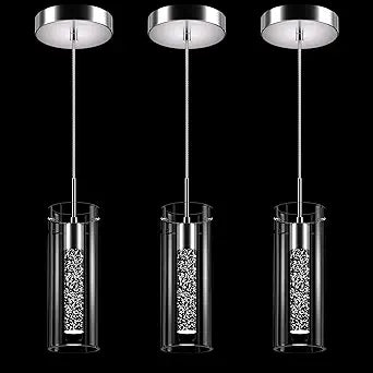 Pendant Ceiling Light Fixture, LED Kitchen Lighting Crystal Pendant Lights Kitchen Island, 1-Light Integrated Kitchen Hanging Light Fixture Modern Island Light with Bubble Glass Three Pack