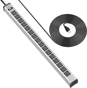 BTU 16 Outlet Power Strips, Extra Long Power Strip with 10ft Cord, Metal Heavy Duty Power Strip Wall Mount, Garage Workshop Commercial Industrial Power Strips with Circuit Breaker Switch (Silver)