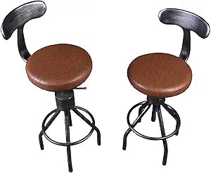 Set of 2 Industrial Leather Bar Stools-Adjustable Swivel Metal Bar Stool-24-30 Inch Tall Seat Height Counter Height to Bar Height-Kitchen Stool Dining Chair,Cafe Stools with with Backrest