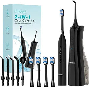 Leominor 2-in-1 Water Flosser & Electric Toothbrush Combo for Family Use ��� Portable Oral Care Kit with Multiple Modes,Large Water Tank,Teeth Brushing & Flossing Set for Home & Travel,Jet Black