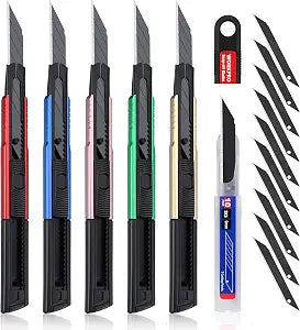 WORKPRO Premium Utility Knife Retractable Snap-off Blade, Heavy Duty Aluminum Box Cutter Set, Razor Knife Exacto Craft Knives, with 10 Extra 9mm Blades, Pack of 5