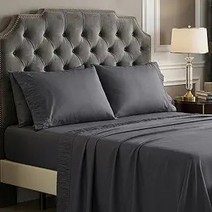 Dark Grey Full Sheet Set - Refined Pleated, Soft Cooling 4 Piece Bedding, Breathable, Easy Care, 14" Deep Pocket