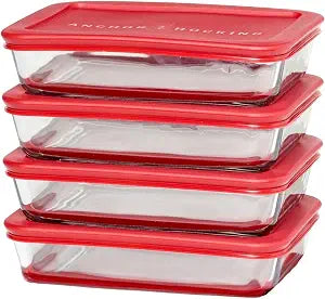 Anchor Hocking SnugFitTM Rectangular Food Storage Containers with Lids (4-Piece, 3-cup, Red, oven-safe)