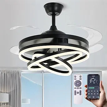 Retractable Ceiling Fan, 42 Inch Chandelier Ceiling Fans with Light, Modern Fandelier Ceiling Fan for Bedroom Living Room Dinning Room, Reverse Motor, 3 Color Temperature, 6 Wind Speed-Black