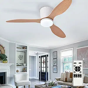 Depuley Flush Mount Ceiling Fan: 42-Inch White Ceiling Fans with Lights for Bedroom Indoor Outdoor - Low Profile Ceiling Fans with Remote Control 24W 3CCT Dimmable 3 Reversible Wood Blades 6 Speeds