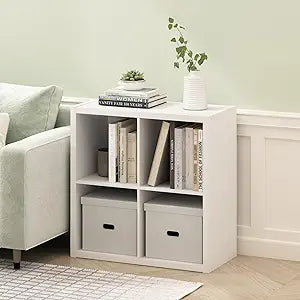 Furinno Cubicle Book Shelf, 4-Cube Bookshelf, Extra Thick Frame Reversible Bookcase with Open Back, 14.6 x 30 x 30, for Living Room, Bedroom, Home Office, Plain White