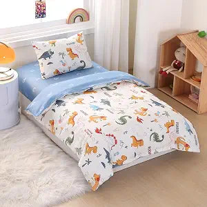Dinosaur Printed Crib Bedding 3-Piece Set, Soft Breathable Cotton Nursery Bedding Includes Quilted Comforter, Fitted Crib Sheet and Pillowcase for Baby Boys