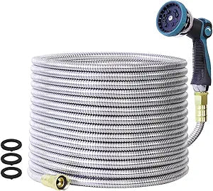 75FT Garden Hose, Stainless Steel Water Hose, Metal Hose Flexible with a 10-Mode Nozzle Sprayer, No Kink, Lightweight, Puncture Proof, Ideal for Yard, Lawn, Outdoor, 5/8'' Outside Diameter
