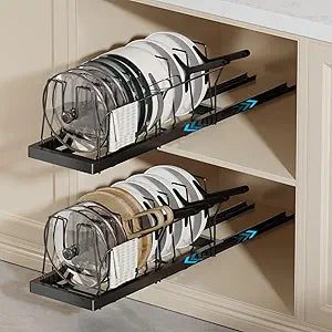 Magheo 2 Pack Pots and Pans Organizer Under Cabinet, 22" Deep Expandable Pull Out Pot Lid Organizer and Storage with 10 Adjustable Dividers No Drill Pot and Pan Holder Rack with Handle Bracket(Black)