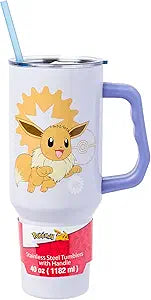 Silver Buffalo Pokmon Featuring Eevee Double Walled Stainless Steel Tumbler with Handle, Fits in Standard Cup Holder, 40 Ounces