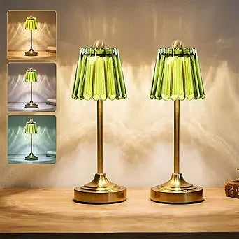 Set of 2 Small Vintage Cordless Table Lamp, Green Glass Shade, 3 Color Dimming,Touch Accent Lamp for Bedroom, Nightstand, Living Room, Kitchen(Green)