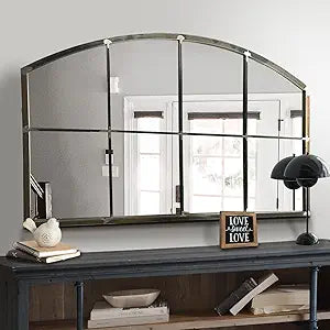 WAMIRRO Wide Window Pane Black Mirror,Farmhouse Arched Wall Mirror,Mantel Mirror for Fireplace/Entryway/Hallway/Living Room,42X28 (Vintage Retro-Grey Wide)