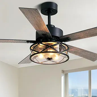 Farmhouse Ceiling Fans with Lights and Remote Control, 52 Inch Rustic Fandelier Ceiling Fan with Bubble Glass Shade 6-Speed Caged Ceiling Fan for Living Dining Room Bedroom,Walnut/Brown