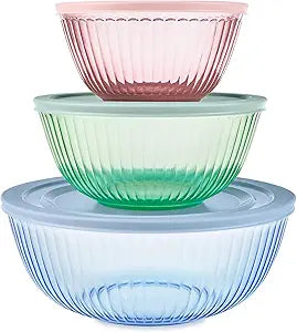 Pyrex Colors (3-Pack, Full Set) Sculpted Tinted Glass Mixing Bowls With Plastic Lids, Nesting Space Saving Set of Bowls For Prepping and Baking, 1.3QT, 2.3QT & 4.5Q, (Pink, Green, Blue)