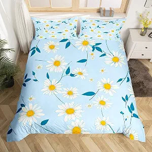 Manfei Kids Cute Daisy Duvet Cover Set Twin Size, White Flower Blue Leaves Bedding Set 2pcs for Boys Girls, Botanical Floral Comforter Cover Soft Polyester Quilt Cover with 1 Pillowcase,No Comforter