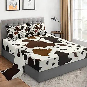 WeCozy Full Size Bed Sheet Sets with Pillowcases, Cow Brown Cowhide Animal Vintage Soft Microfiber 4 Pieces Bedding Set for Kids and Adults, Flat Fitted Sheet for Bedroom Bed Decor