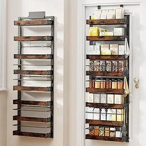 8 Tier Over The Door Pantry Organizer, 2 IN 1 Wall Mount or Metal Hanging Spice Rack for Pantry Organizers and Storage, Seasoning ShelvesAdjustable Basket with Hooks for Kitchen Cabinet and Closet
