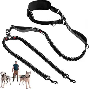 Tuff Pupper Heavy Duty Hands Free Bungee Dog Leash | Two Large Dogs Up to 250 lbs | Comfortable Shock Absorbing Bungee | Reflective Dual Padded Handles | Lumbar Waist Belt 28-50" | 360 Swivel Clips