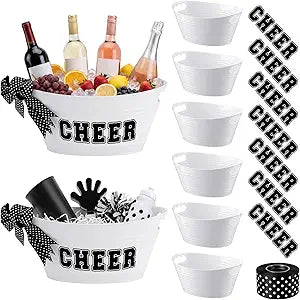 6 Pack Plastic Ice Buckets Bulk, Cheerleading Gift Baskets for DIY Cheer Team Gifts, 4.5l Oval Storage Drink Tubs with Stickers and Ribbon for Cheer Party Favor Bar Wine Bottle Cooler(White)