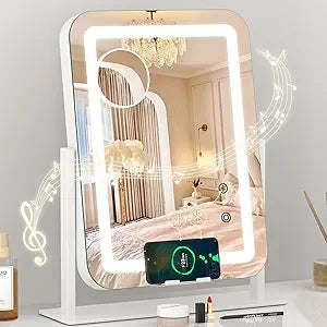 Dripex 5-in-1 Lighted Vanity Mirror with Bluetooth Speaker & Wireless Charging, 15"x12" LED Makeup Mirror with Lights 3 Colors Dimmable, Phone Holder Touch Keys 10X Magnification