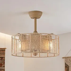 Boho Fandelier Enclosed Ceiling Fan with Light, Rustic Caged Ceiling Fan, 7 Blade Ceiling Fan with Light & Remote Control, 6 Speeds Reversible Timing, for Bedroom Living Room Dining Room