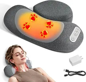 Rechargeable 3 in 1 Neck Massager Pillow with Heat, Electric Shiatsu Deep Tissue Massager for Neck & Back Pain Relief, 2-Speed Adjustable, Portable Neck Massager for Home/Office/Car & for Men