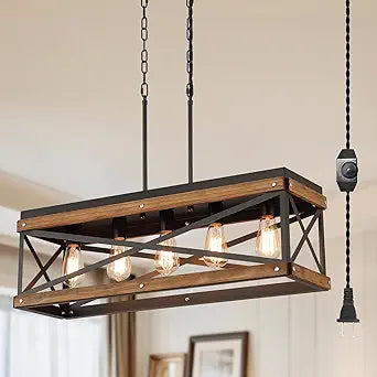 Rustic Farmhouse Plug in Kitchen Island Lighting, 5 Lights Rectangular Pendant Light Fixture with Adjustable Chain, Dimmable Switch, Oak Wood and Metal Linear Chandelier for Dining Room Home, Black