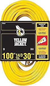 Southwire Yellow Jacket Heavy Duty Extension Cord - Outdoor Power for Tools & Equipment - Lighted End with SJTW Jacket & Three Prong Plug - 100 Foot
