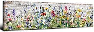 Rustic Wildflower Wall Art Colorful Farmhouse Floral Scenery Picture Decor Watercolor Flower Landscape Wood Grain Prints Painting Artwork for Living Room Office Bathroom Bedroom Home Decoration 14x48"