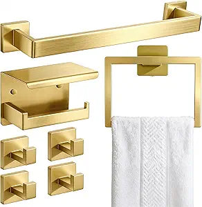 Brushed Gold Bathroom Accessories Hardware Set, 7-Pieces Stainless Steel Towel Racks for Bathroom, 16 Inch Towel Bar, Towel Holders, Updated Toilet Paper Holder with Shelf Wall Mounted