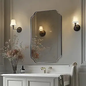 MIRRORART Black Bathroom Mirrors for Over Sink, 24x36 Scalloped Mirror for Bathroom, Notched Corner Rectangle Mirror in 1 Stainless Steel Metal Frame Home Remodel Wall Mount Vertical/Horizontal