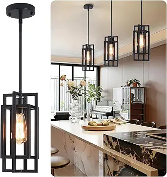 Black Pendant Lights Kitchen Island, Adjustable Modern Pendant Lights Fixture Farmhouse Mini Kitchen Pendant Lighting, Square Pendant Ceiling Hanging for Bedroom Dining Room Entryway Foyer