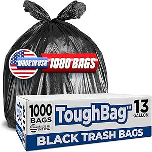 ToughBag 13 Gallon Black Trash Bags, 24 x 33" Black Garbage Bags (1000 COUNT)  Bulk Trash Bag 13 Gallon Tall Kitchen 1000 - Made In USA