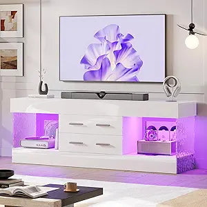 Bestier Modern 60 Inch TV Stand for 65/60/55+ TV, High Gloss White Entertainment Center with 2 Drawers & LED Lights, Stone-Pattern Side Panels TV Consoles for Living Room, Bedroom