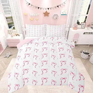 Kawaii Bowknot Kids Comforter Set Twin Size Pink Bow Bedding Set Cute Red Love Heart Printed Duvet Quilt for Kids Boys Girls Bedroom Princess Decor Decor Microfiber Ultra Soft Breathable