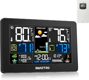 SMARTRO Weather Station Wireless Indoor Outdoor Thermometer for Home, Large Color Display Digital Clock, Forecast with Barometer, Ambient Temperature Humidity Monitor with Moon Phase, DST Function