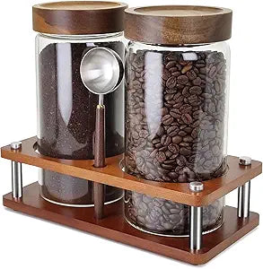 Glass Coffee Grounds Container with Shelf, 2  45 oz Glass Coffee Canisters with Airtight Thread Lid, Storage Jars with Stainless Steel Spoon for Coffee Bean, Sugar,Nut