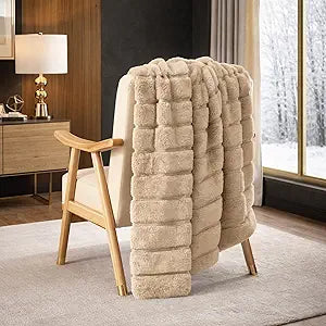 Cozy Bliss Deluxe Sheared Rabbit Faux Fur Throw Blanket, Soft Fuzzy High-Low Sculpted Plush Blanket for Couch, Cozy Home Accent, All Season Use, Khaki 50"x60"