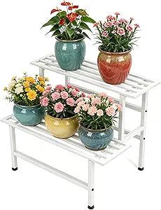 Dipion Metal Plant Stand Outdoor Plant Shelf Indoor,2 Tier Heavy Duty Ladder Plant Stands for Multiple Plants,26" L x 20.25" H x 17.75" W,White