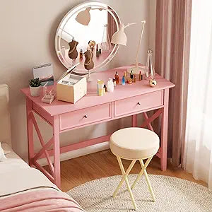 Lewahom Writing Computer Desk with Drawers, Cute Modern Table for Bedrooms, Pink Vanity Table Office Desk with Drawers, Home Computer Desk for Girls Living Room Entryway, Pink