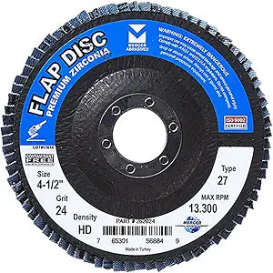 Mercer Industries 262024-4-1/2" x 7/8" Type 27 Zirconia High Density Flap Discs, Grit 24 (10 Pack)