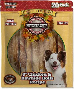 Butcher Shop Harvest Edition 8 Inch Chicken and Rawhide Rolls Dog Treats, 20 Pack