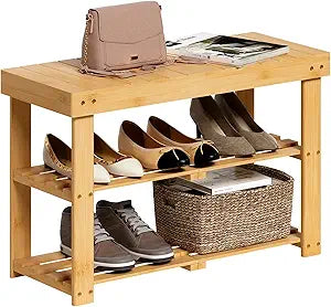 BAMBUROBA Bamboo Shoe Rack Bench, 3-Tier Entryway Bench, Small Shoes Storage Organizer Holds Up to 300lbs, 27.5 x 11 x 16.9 Inches, for Front Door, Hallway, Living Room, Bedroom,Natural