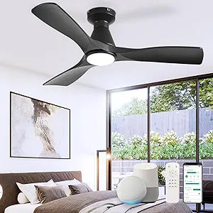 Depuley Ceiling Fans with Lights for Bedroom: 42 In Smart Low Profile Ceiling Fan with Voice Alex APP Remote Control - Black Fandelier Flush Mount Fan 3 Blades Dimmable 3CCT Ultra Quiet