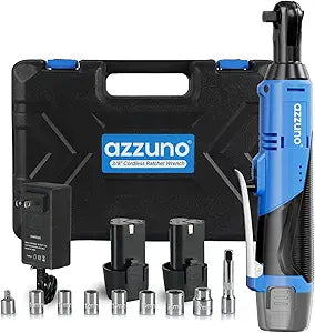 AZZUNO 3/8" Electric Ratchet Wrench Set 30 Ft-lbs Cordless Ratchet Wrench 300 RPM Power Ratchet Tool Kit with 2 x 2000mAh Lithium-Ion Battery, Fast Charger, 7 Sockets and 3" Extension Bar