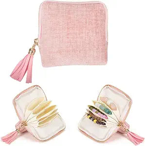 Travel Jewelry Case Small with Tassel Zipper, Soft Velvet Travel Jewelry Organizer Pouch for Necklaces, Rings and Earrings, Portable Multi Layer Jewelry Bags, Anti Tangle Storage (Pink)