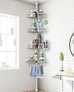 Corner Shower Caddy Tension Pole 4 Tier Adjustable Stainless Steel Shower Shelf for Inside Shower Bathtub Shampoo,Standing Bathroom Organizer Shelves with 39 to 113 inch Height