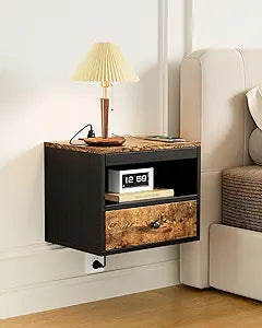 Floating Nightstand with Charging Station,Modern Bedside Table with Drawers and Extension Panel, Small Wall Mounted Nightstands for Bedroom RoomFloating Sofa Side Table Rustic Brown